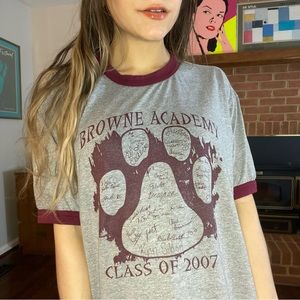 Y2K 2007 Ringer Tee Browne Academy Paw Print Unisex Dog Burgundy Vintage…